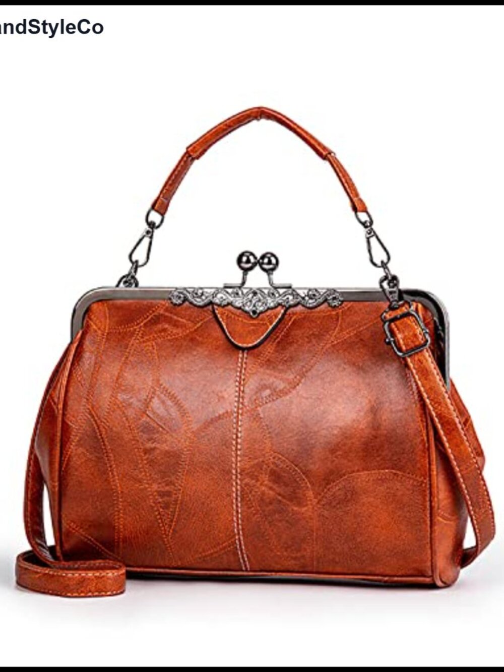 Vintage Hollow Leather Satchel Handbag with Kiss Lock Closure & Crossbody Strap